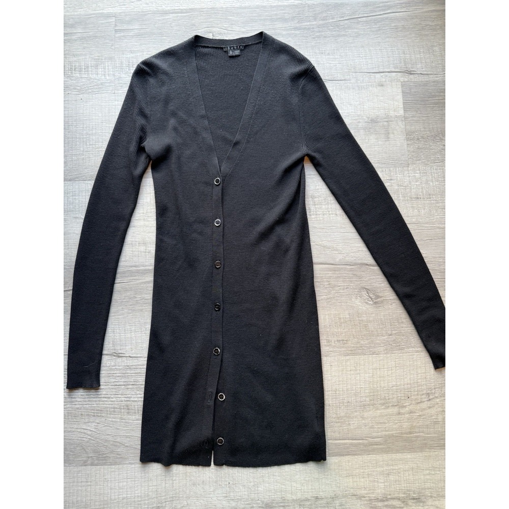 Theory Womens Black Cardigan Size Small Long Sleeve Tiny Hole In Sleeve Vneck